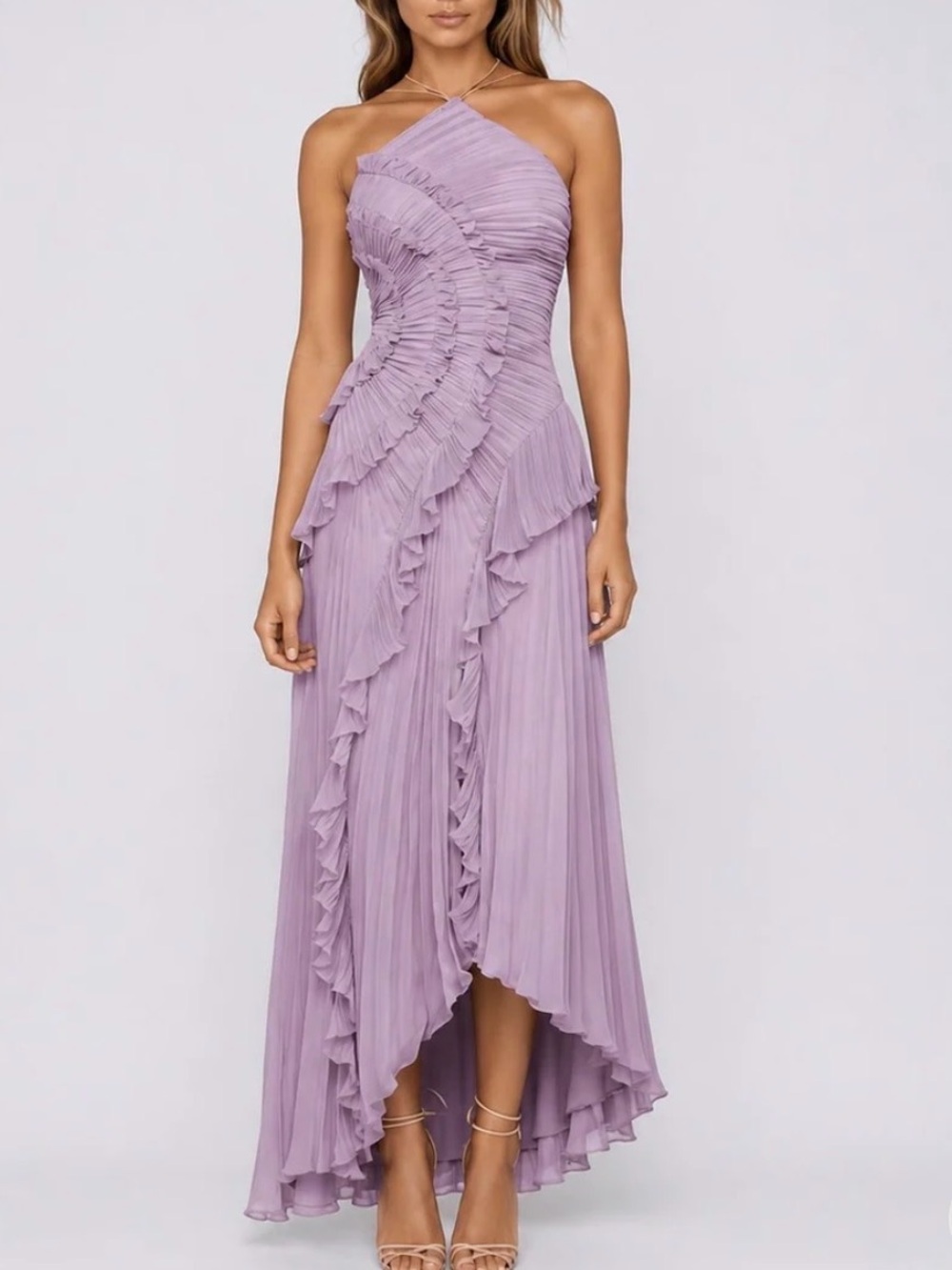Lilac Pleated Ruffle Halter Dress